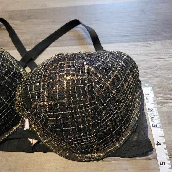 Victoria’s Secret Push Up Bra Black & Gold Metallic Plaid Scallop Underwire 40C - Picture 2 of 8